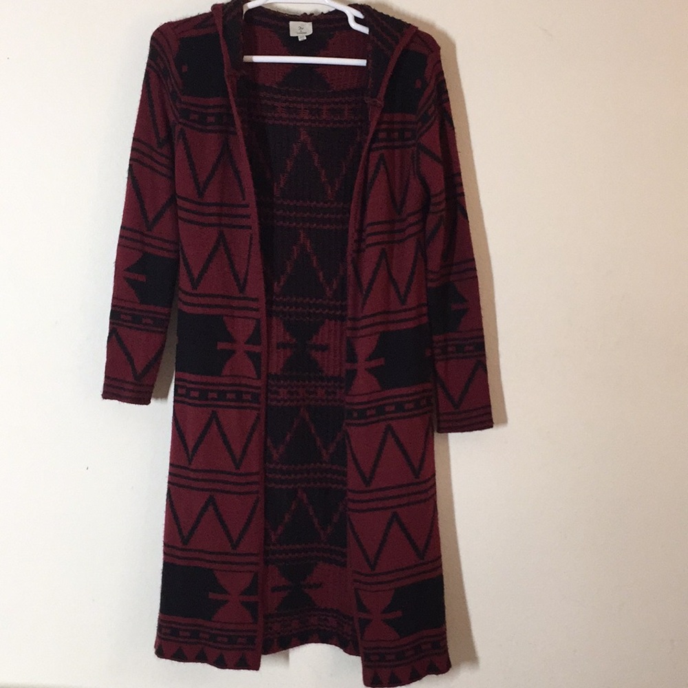 Hot & Delicious Burgundy & Black Hoodie,Long Sleeve, Long Open Cardigan